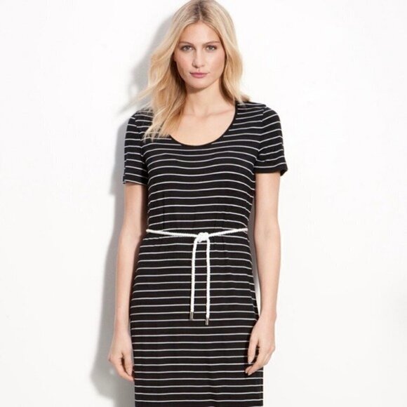 NWOT Calvin Klein Black Stripe Rope Belt Nautical Dress - Picture 1 of 11